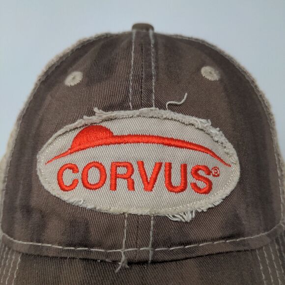 Corvus Bayer Strapback Hat Brown OSFA Farmer Embroidered Logo Distressed - Picture 4 of 12